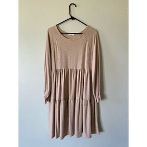 Beige Swiss Dot Long Sleeved Knee Length Dress